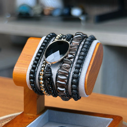 Pulseira de pedras naturais Lux Conceito - Black Stone (Obsidiana Negra e Ágata)