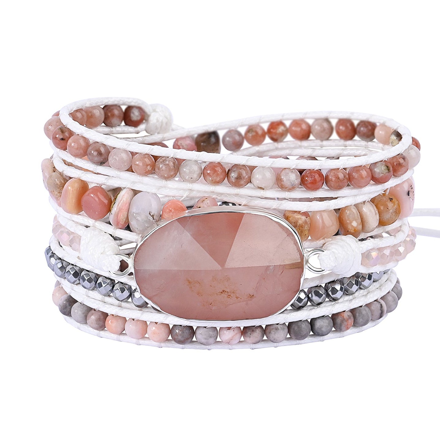 Pulseira de pedras naturais Ayla com Opala Rosa, Quartzo Rosa, Jaspe Rosa e Hematita, feita artesanalmente em design de múltiplas voltas.