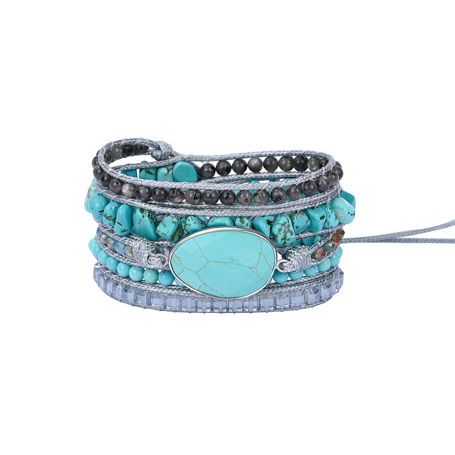 Pulseira de pedras naturais Brisa com Turquesa e Labradorita, feita artesanalmente em design de múltiplas voltas e pedra central de Turquesa.