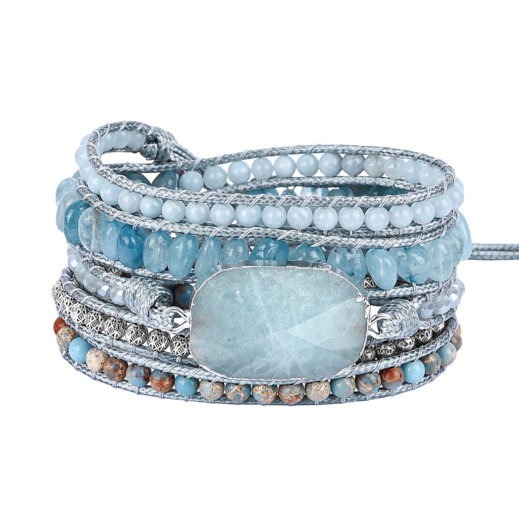 Pulseira de pedras naturais Maré com Água Marinha, Angelita e Jaspe Imperial, feita artesanalmente em design de múltiplas voltas.