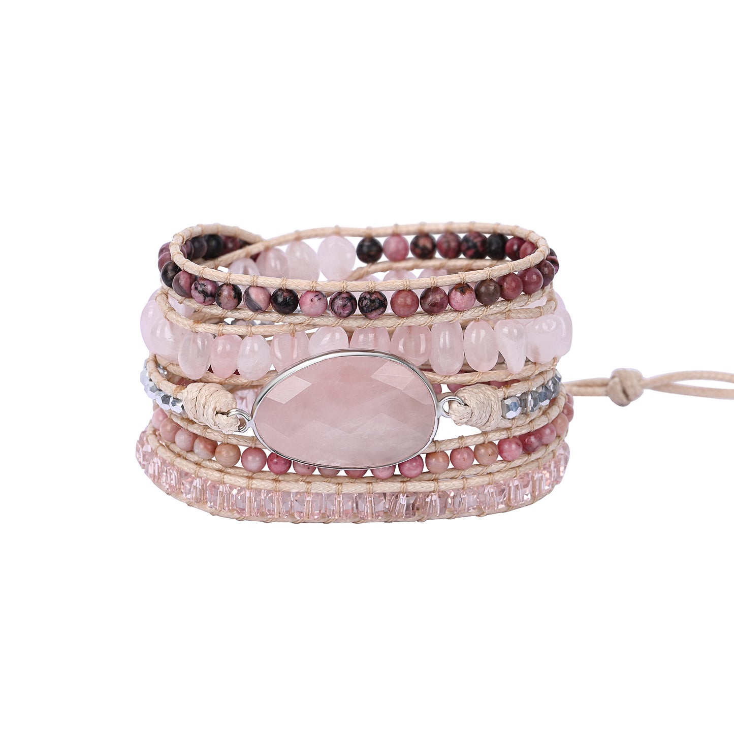 Pulseira de pedras naturais Rose com Quartzo Rosa e Rodonita, feita artesanalmente com design em múltiplas voltas e pedra central de Quartzo Rosa.