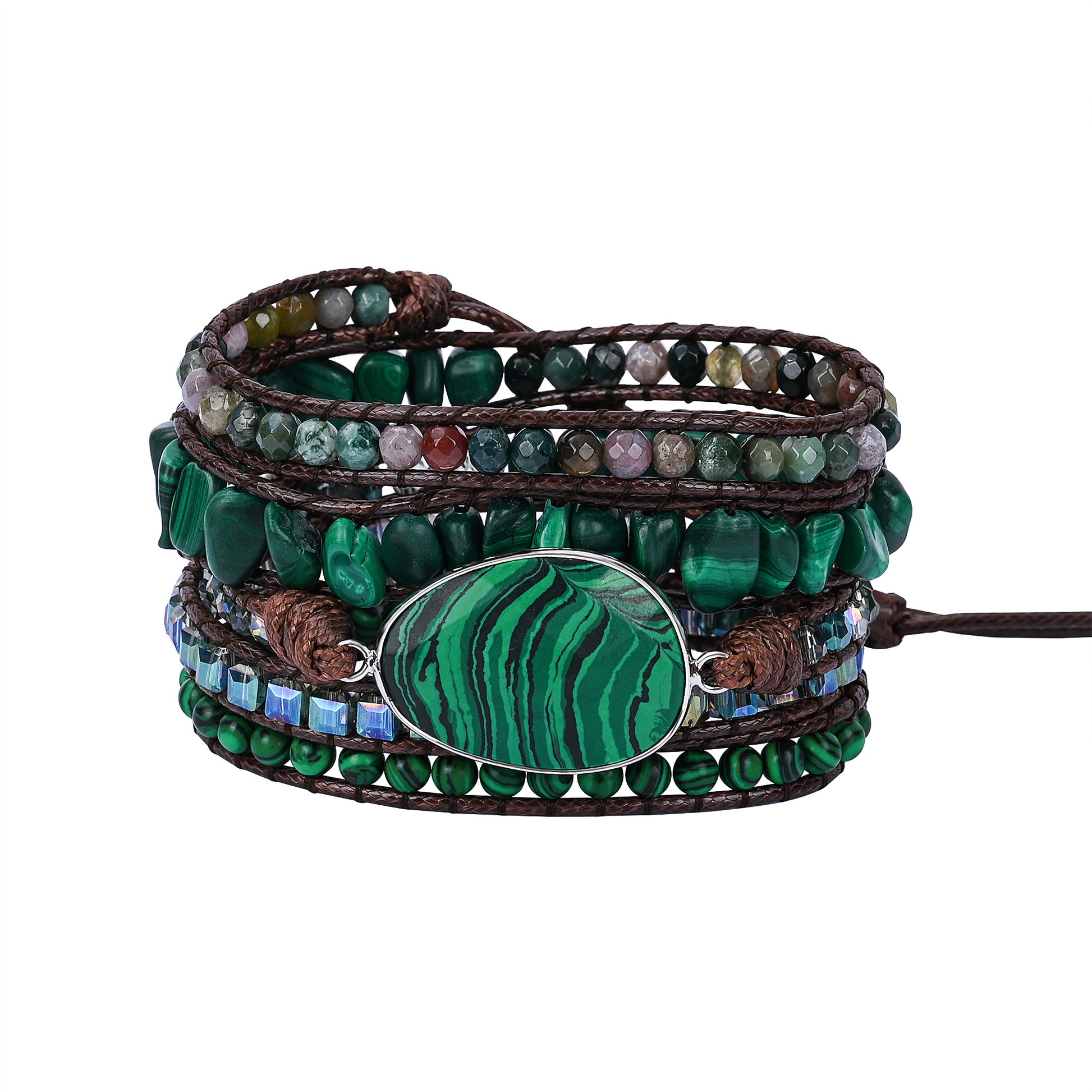 Pulseira de pedras naturais Selva com Malaquita e Ágata Indiana, feita artesanalmente em design de múltiplas voltas.
