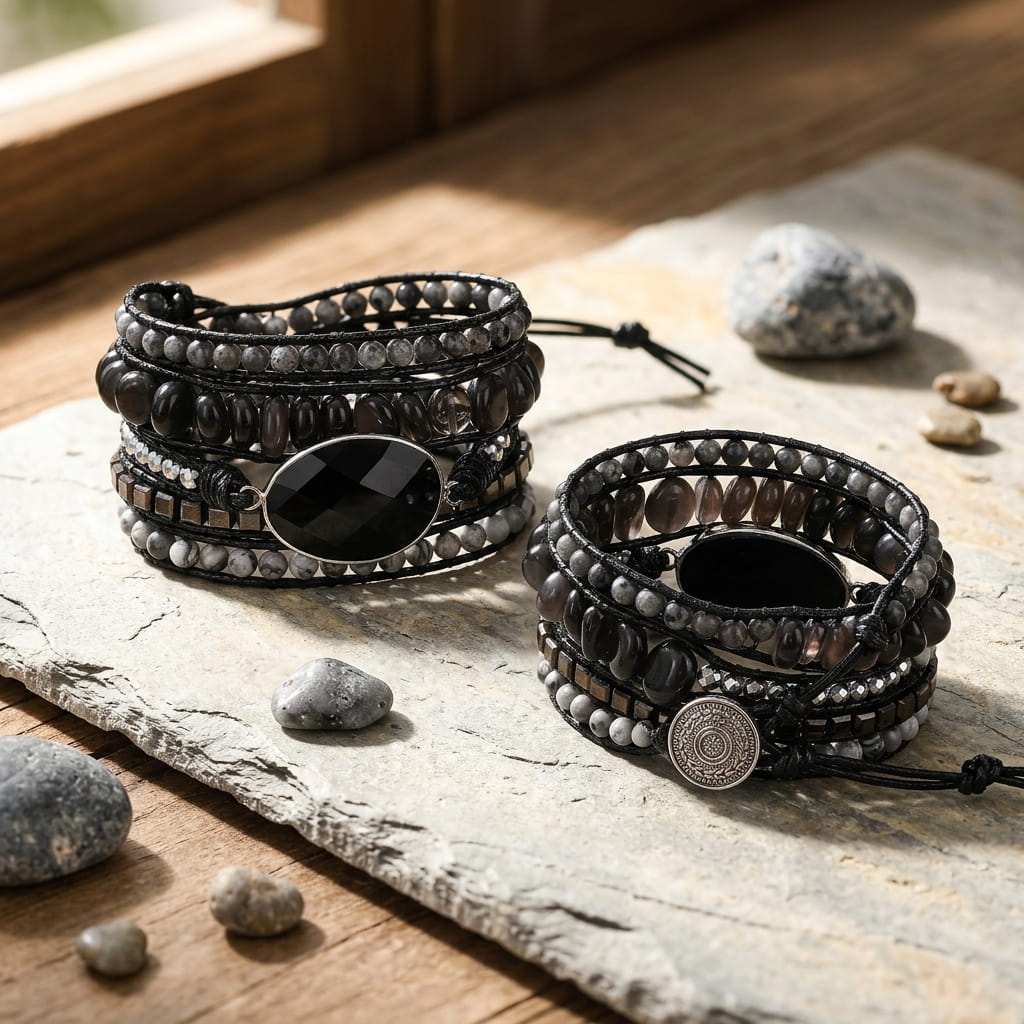 Pulseira Guardian multivoltas com Obsidiana Negra, pedras naturais e cristais