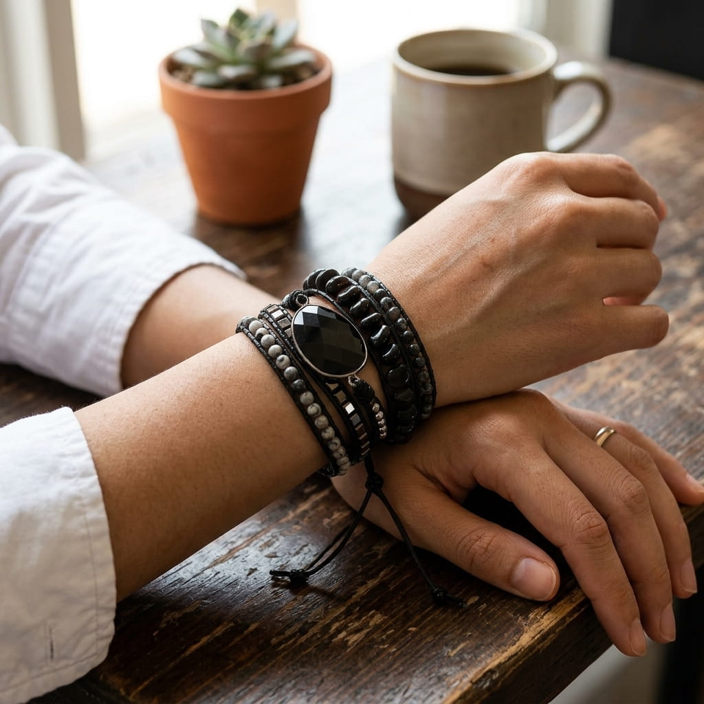 Detalhe das diferentes pedras naturais da Pulseira Guardian de Obsidiana Negra