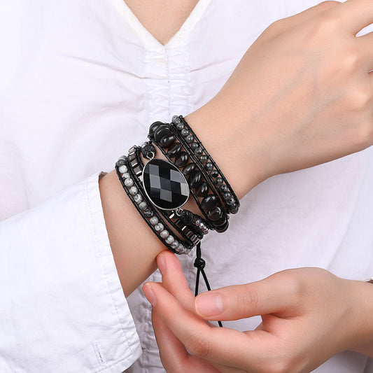 Pulseira Guardian artesanal com pedras naturais de Obsidiana, Ágata Negra, Labradorita, Jaspe Cinza e Hematita.