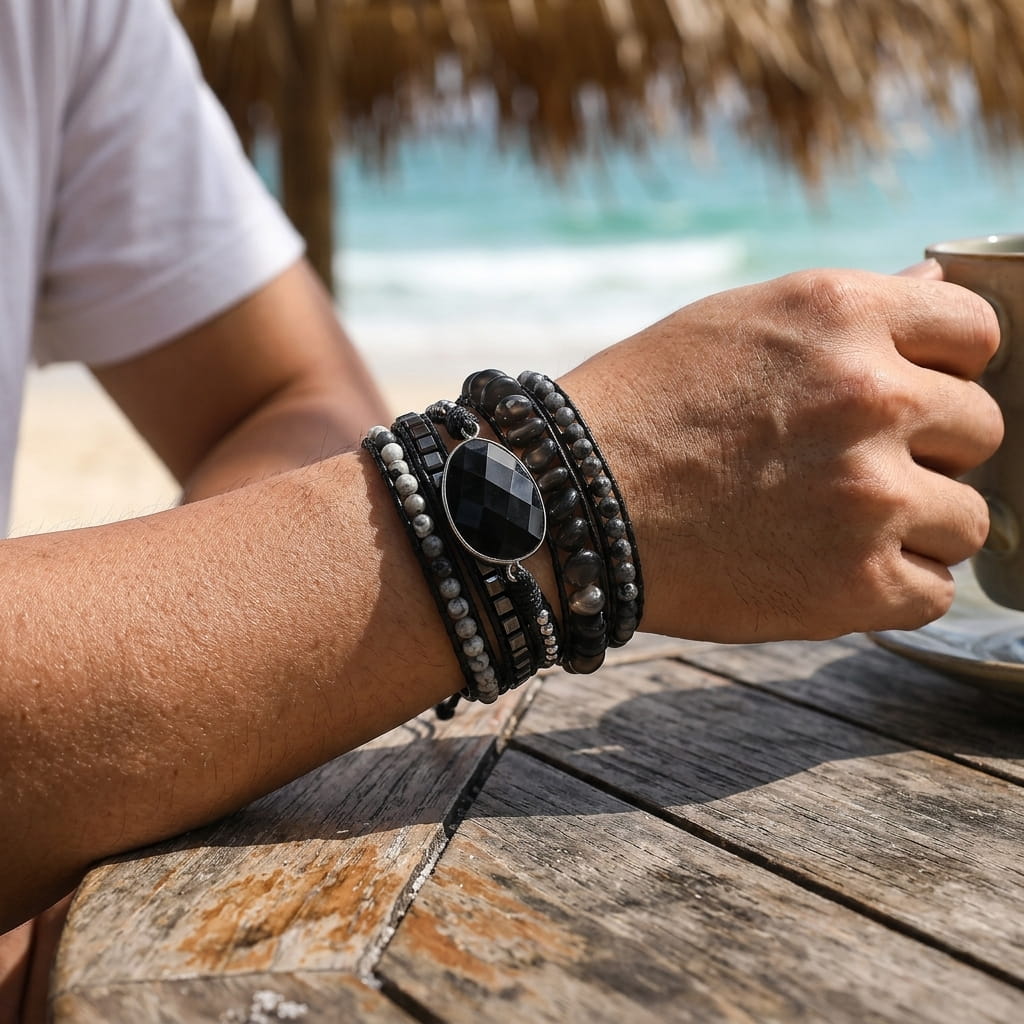 Pulseira Guardian feita à mão com pedras naturais e fecho ajustável