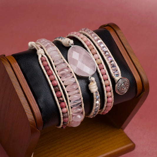 Pulseira Rose com pedras naturais de Quartzo Rosa e Rodonita