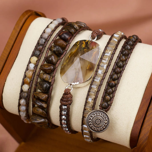 Pulseira Verona com pedras naturais de Bronzita, Calcedônia, Ágata Botswana e Hematita